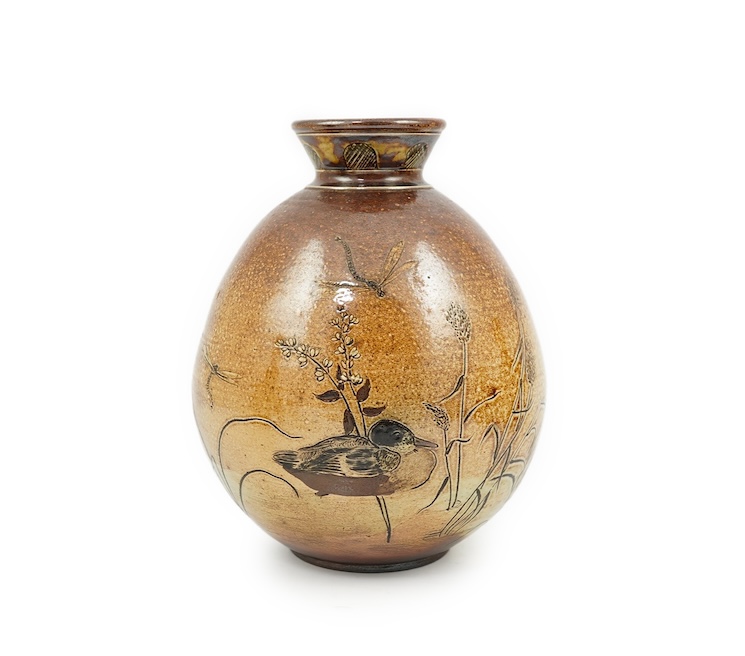 Robert Wallace Martin for Martin Brothers: A salt-glazed stoneware vase decorated with a pond scene